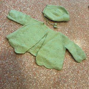 Vintage Baby Handmade Crochet Knit Cardigan and Bonnet Set